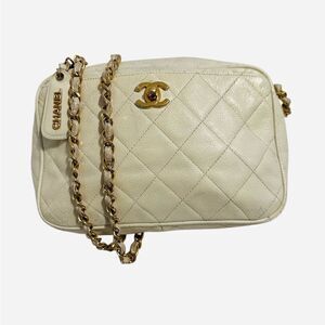 Chanel beige quilted gold tone leather crossbody bag